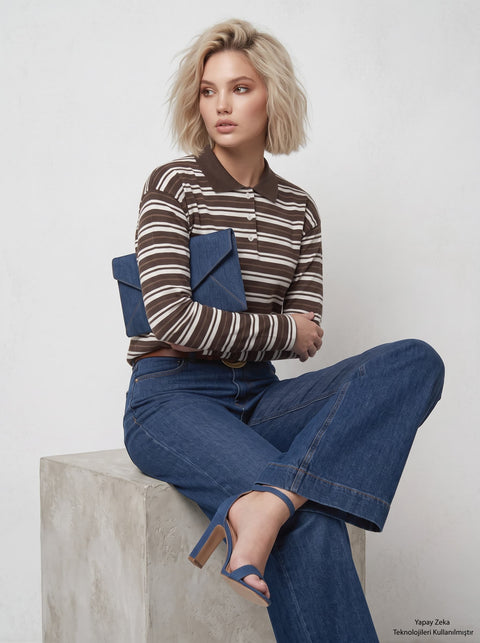 Kahverengi İki İplik Polo Yaka Çizgili Sweatshirt