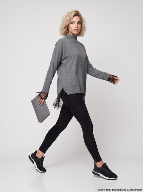 Gri Dantel Dik Yaka Oversize Triko Kazak