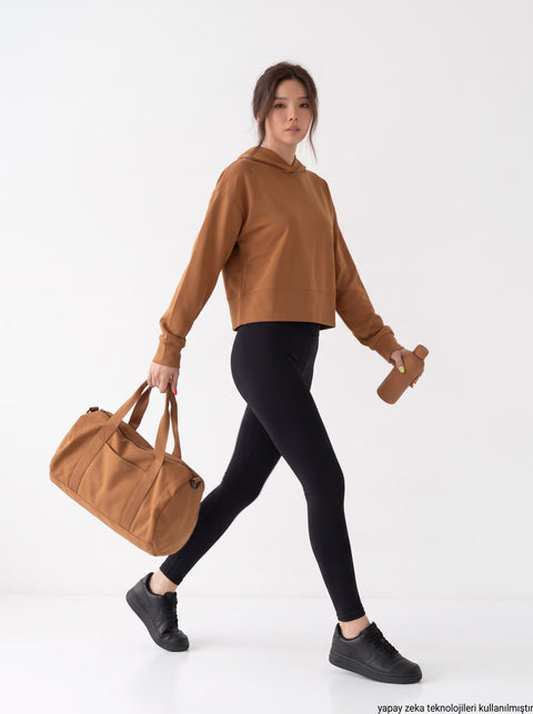 Kahverengi İki İplik Penye Kapşonlu Sweatshirt