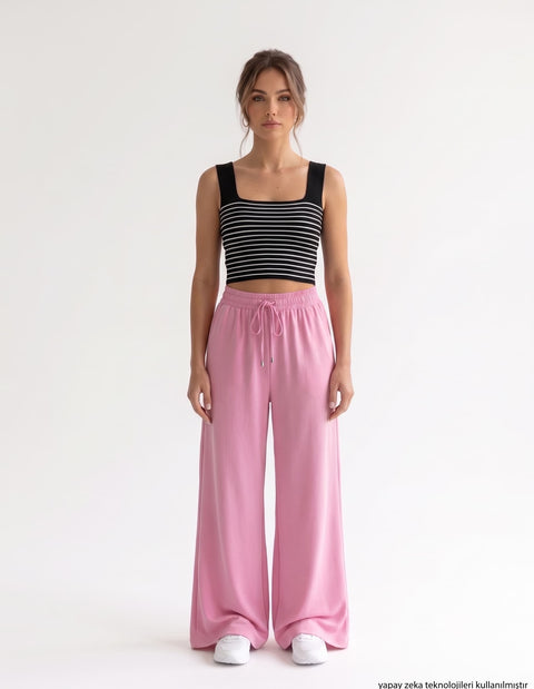 Pembe Beli Lastikli Rahat Tril Pantolon