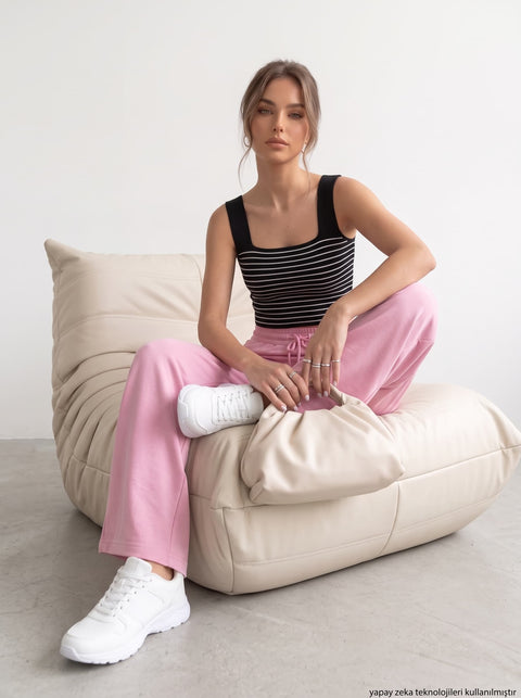 Pembe Beli Lastikli Rahat Tril Pantolon