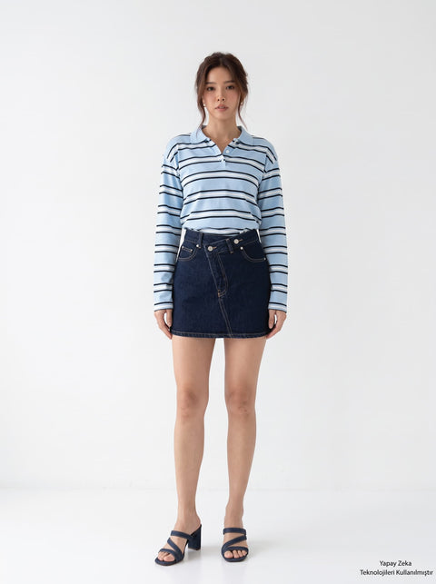 Bebe mavisi İki İplik Polo Yaka Çizgili Sweatshirt