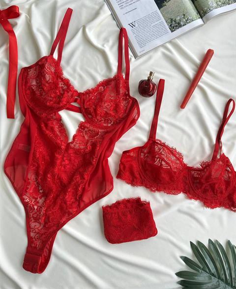 Balenli Tül Bodysuit Kırmızı
