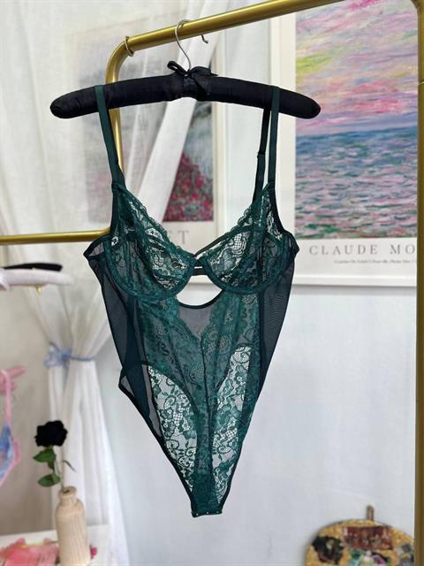 Balenli Tül Bodysuit Yeşil