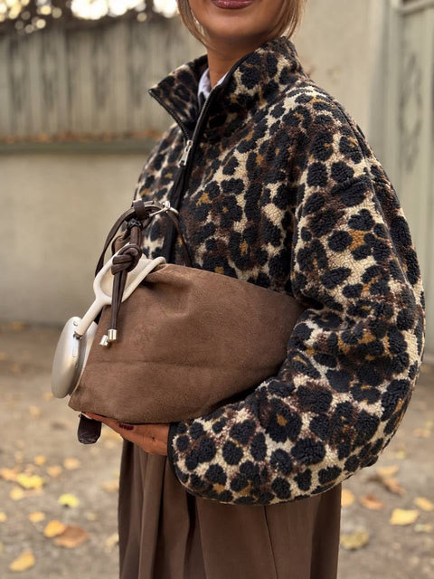 Leopar Desen Fermuarlı Polar Mont