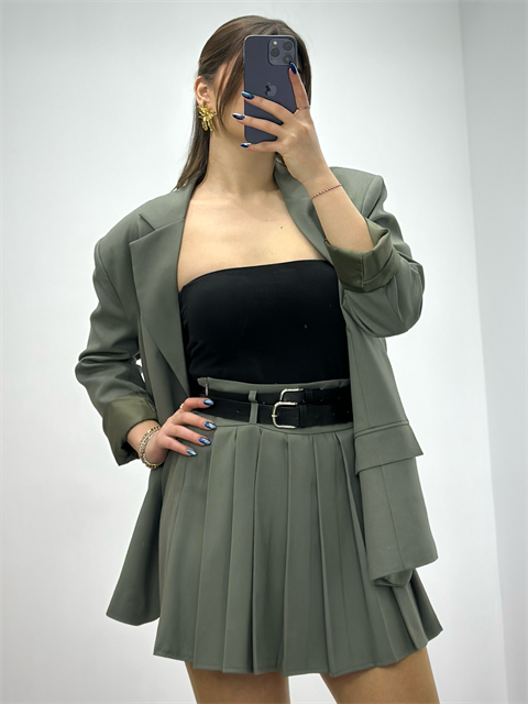 Çift Düğmeli Astarlı Oversize Poliviskon Blazer Ceket Haki