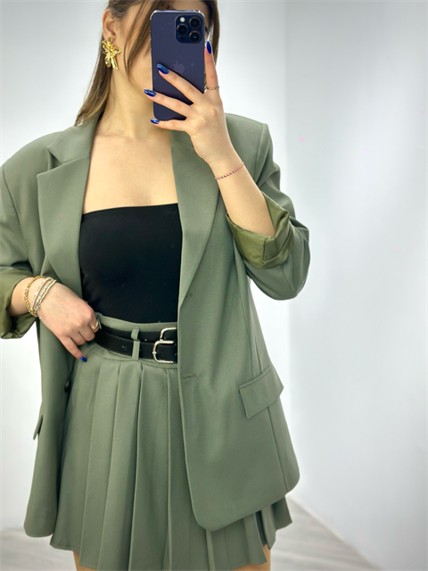 Çift Düğmeli Astarlı Oversize Poliviskon Blazer Ceket Haki