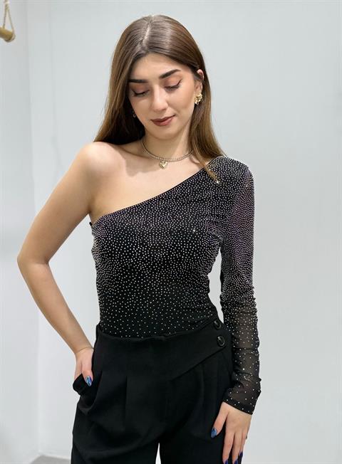 Full Taşlı Tek Kol Tül Detaylı Tasarım Premium Bodysuit