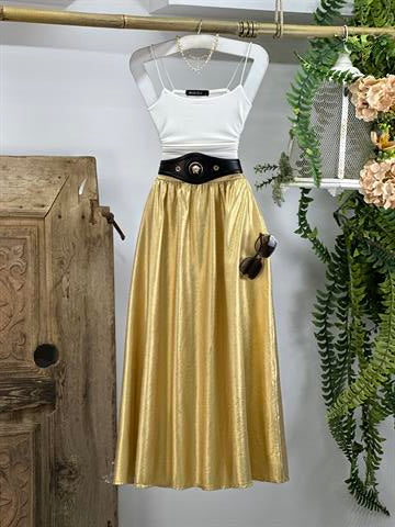Gold Lame Kumaş Cepli Kloş Uzun Etek