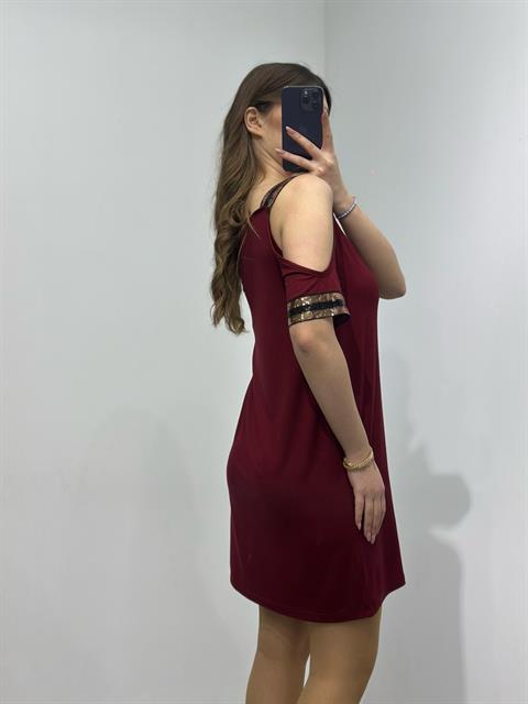 Kristal Pamuk Kumaş Rahat Kalıp Payet Detay Elbise Bordo