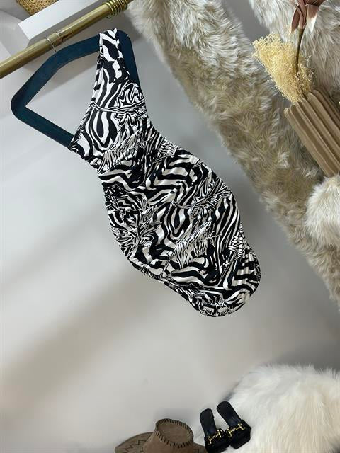 Kristal Pamuk Kumaş Zebra Desen Tek Kol Kalem Elbise