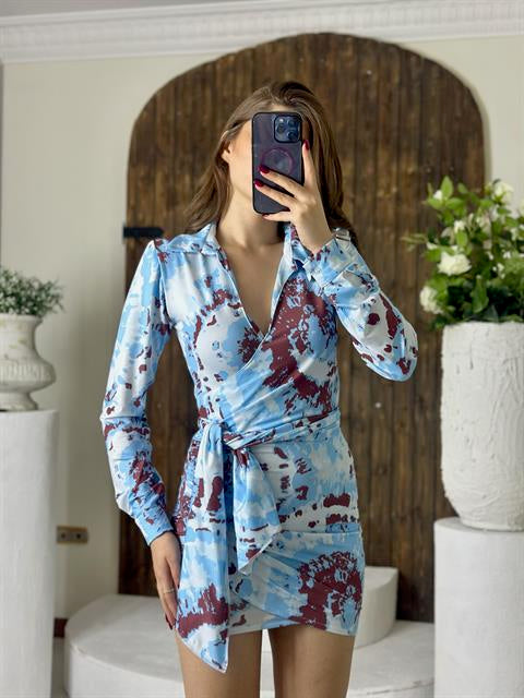 Micro Kumaş Drape Detay Zarf Etekli Gömlek Yaka Mavi Elbise