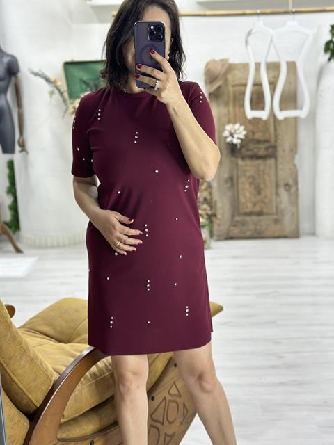 Örme Crep Kumaş Taş Detaylı Bordo Elbise