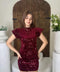 Payet Kumaş Düşük Kol Likralı Tasarım Elbise Bordo