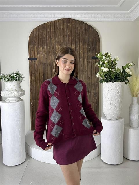 Polo Yaka Baklava Desen Hırka Bordo