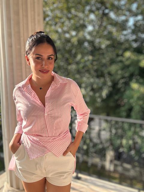 Poplin Kumaş Çizgi Desen Tasarım Gömlek Pembe