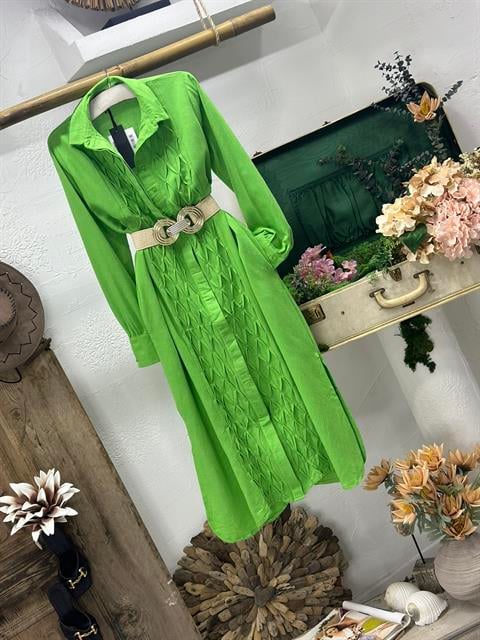 Poplin Kumaş Rahat Kalıp Önü Baklava Dikişli Gömlek Elbise