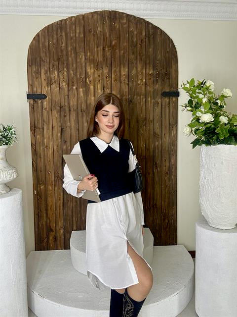 Poplin Kumaş Triko Detaylı Gömlek Elbise