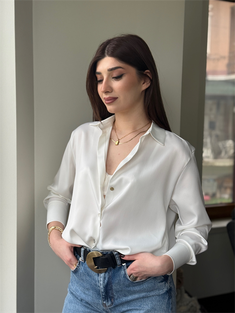 Saten Kumaş Rahat Kalıp Gömlek Beyaz