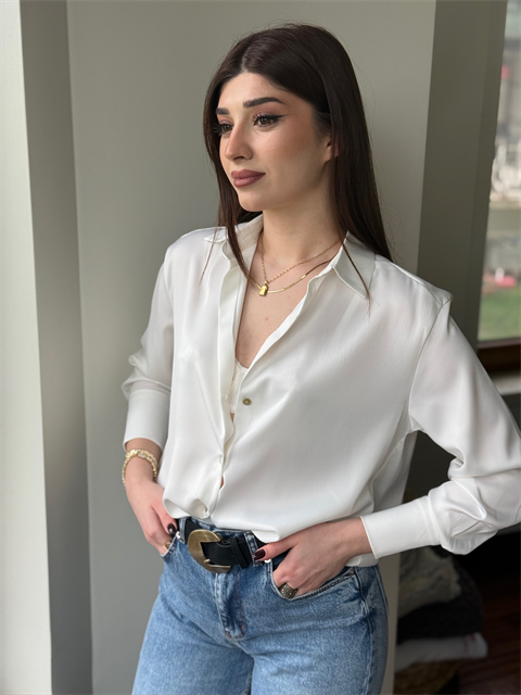 Saten Kumaş Rahat Kalıp Gömlek Beyaz