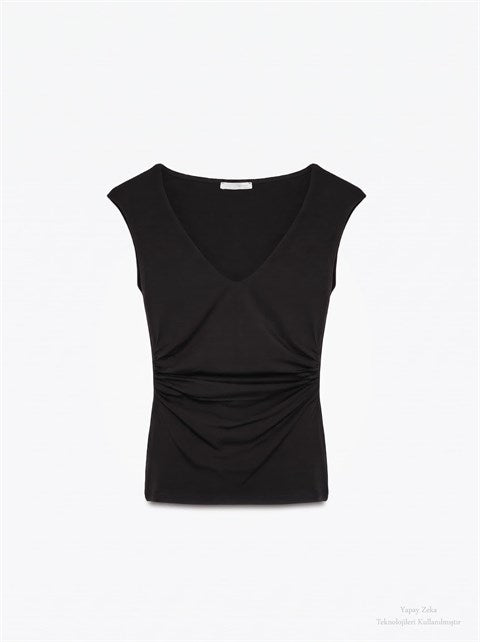 V Yaka Drape Detaylı Bluz Siyah