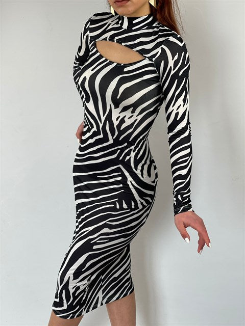 Zebra Desen Pencere Detay Uzun Elbise