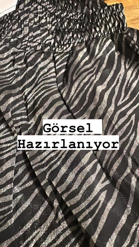 Zebra Desen Saten Kumaş Parlak Beli Lastikli Rahat Pantolon