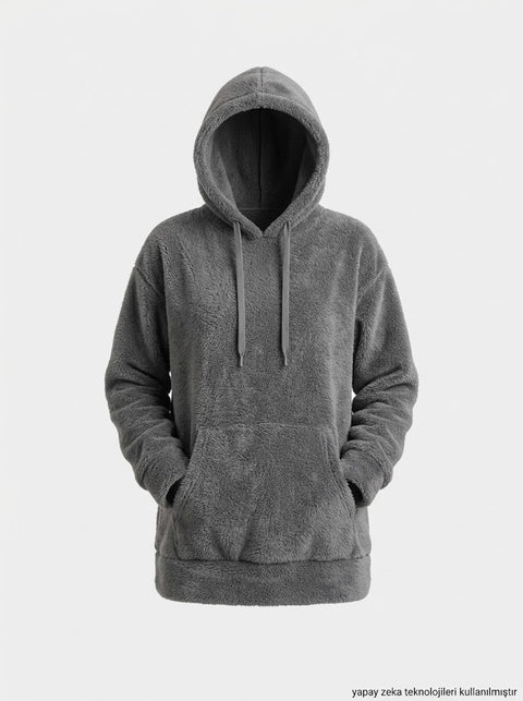 Gri Kanguru Cepli Kapişonlu Peluş Sweat Elbise