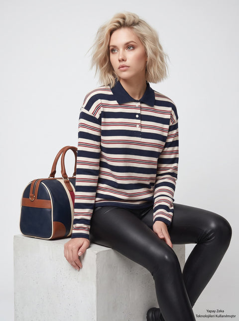 Lacivert Polo Yaka Sweatshirt
