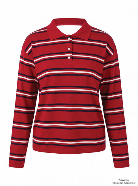 Kırmızı İki İplik Polo Yaka Çizgili Sweatshirt
