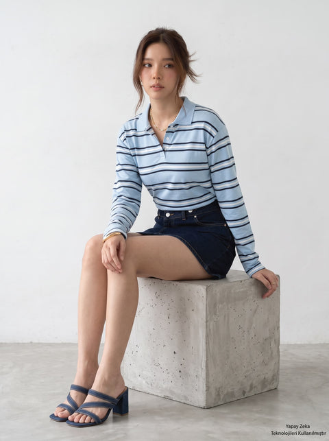 Bebe mavisi İki İplik Polo Yaka Çizgili Sweatshirt