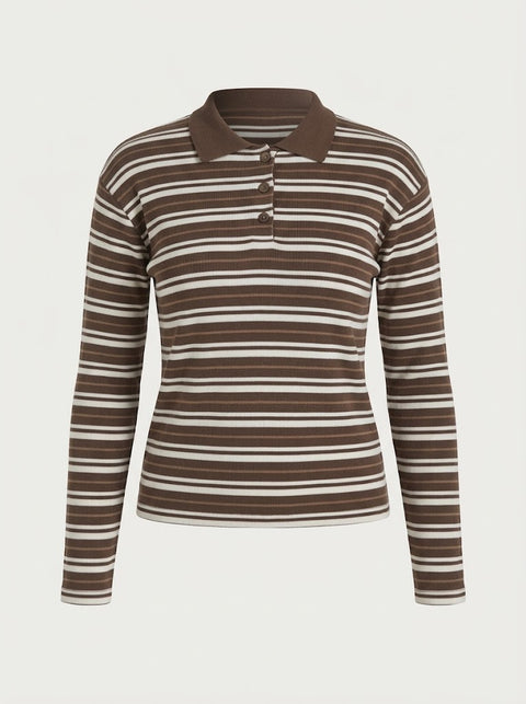 Kahverengi İki İplik Polo Yaka Çizgili Sweatshirt