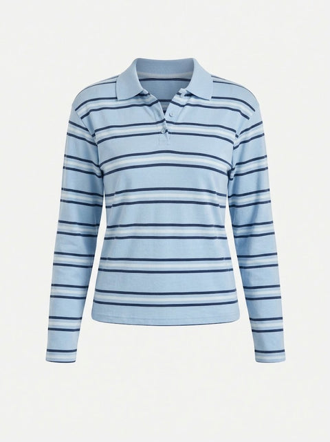 Bebe mavisi İki İplik Polo Yaka Çizgili Sweatshirt
