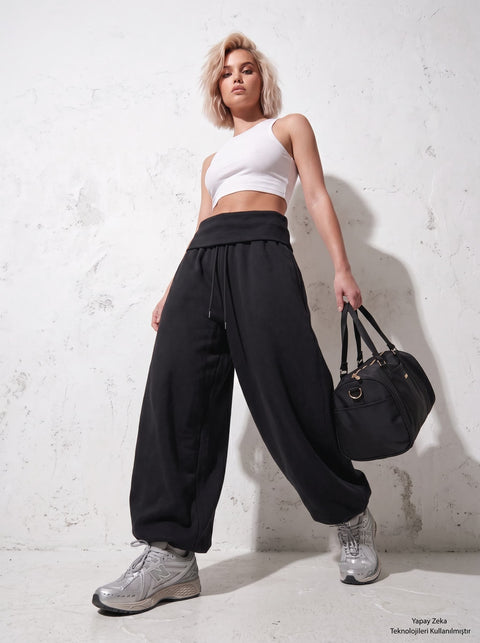 Siyah Barrel Fit Eşofman Altı
