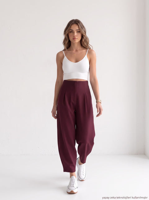 Bordo Örme Likralı Crep Kumaş Kemersiz Balon Pantolon