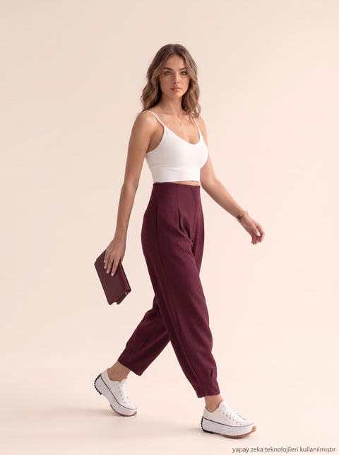 Bordo Örme Likralı Crep Kumaş Kemersiz Balon Pantolon