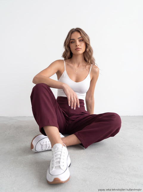 Bordo Örme Likralı Crep Kumaş Kemersiz Balon Pantolon