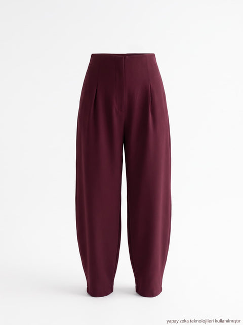 Bordo Örme Likralı Crep Kumaş Kemersiz Balon Pantolon