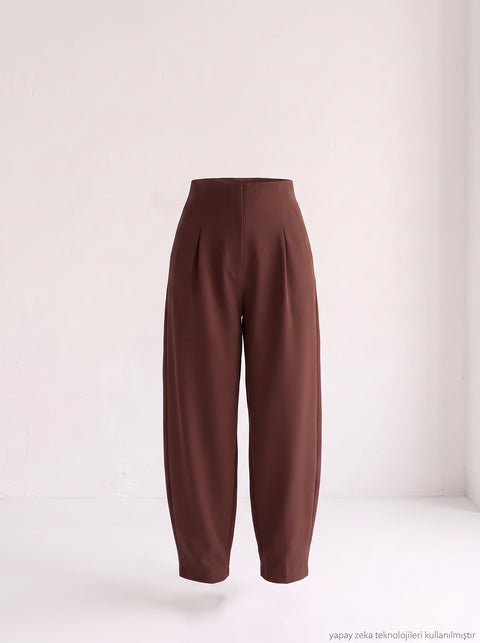 Kahverengi Likralı Crep Kumaş Kemersiz Balon Pantolon