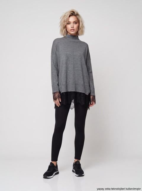 Gri Dantel Dik Yaka Oversize Triko Kazak