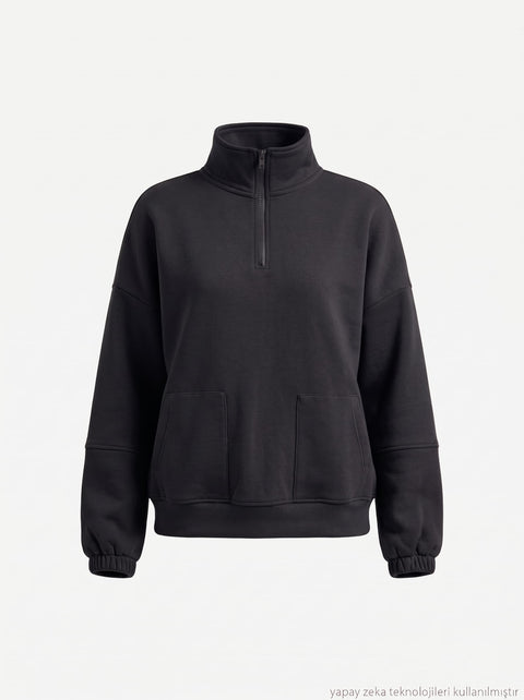 Siyah Yaka Ve Cep Fermuarlı Sweat