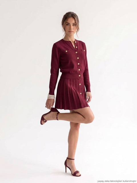 Bordo Gold Düğme Plise Etekli Triko Takım