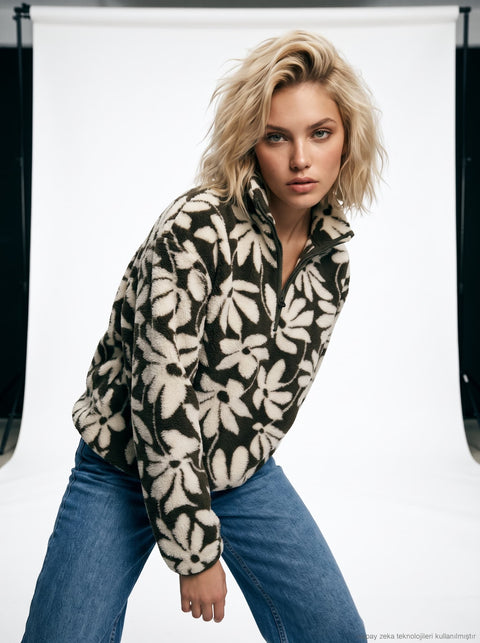 Koyu Yeşil Yarım Fermuarlı Çiçek Desenli Polar Sweatshirt