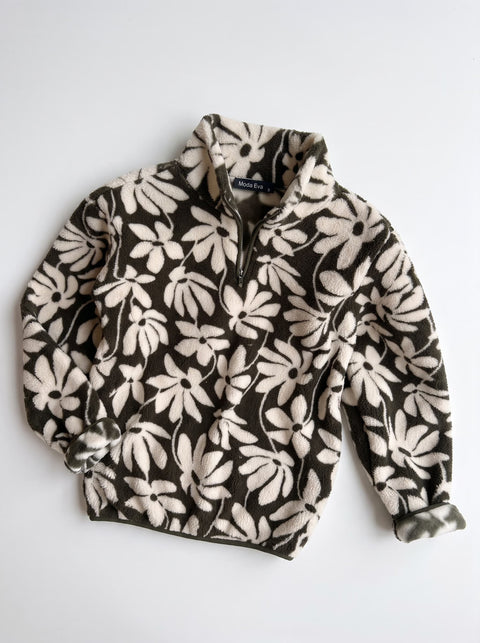 Koyu Yeşil Yarım Fermuarlı Çiçek Desenli Polar Sweatshirt