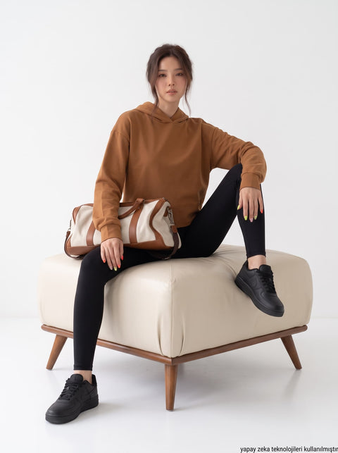 Kahverengi İki İplik Penye Kapşonlu Sweatshirt