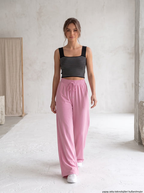 Pembe Beli Lastikli Rahat Tril Pantolon