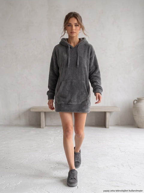 Gri Kanguru Cepli Kapişonlu Peluş Sweat Elbise