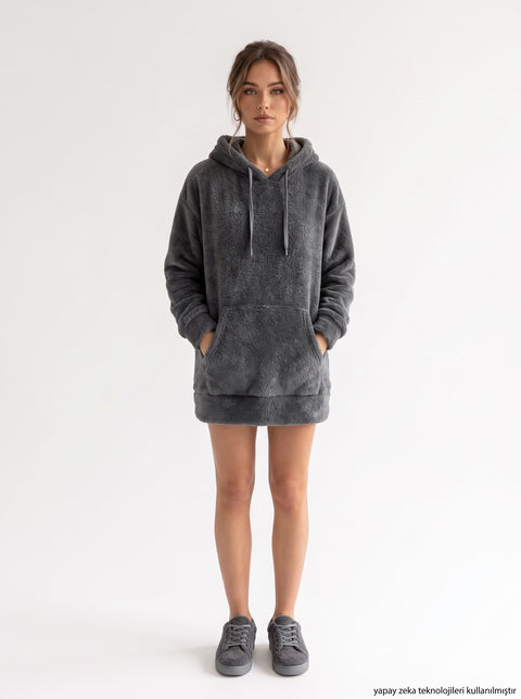 Gri Kanguru Cepli Kapişonlu Peluş Sweat Elbise