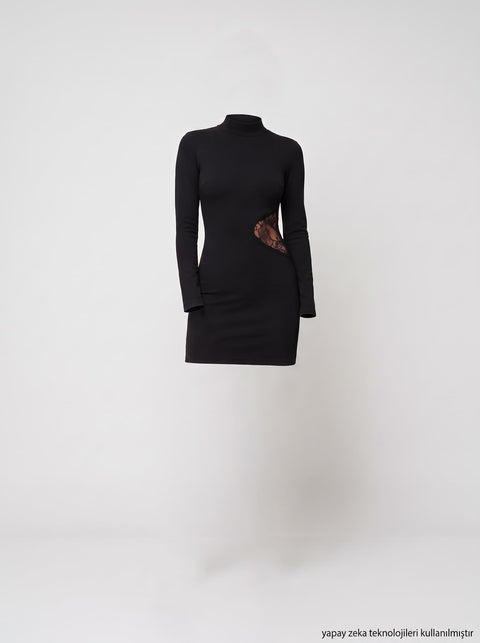 Siyah Çelik Triko Beli Dantelli Mini Elbise