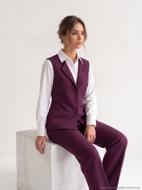 Mürdüm Çelik İnterlog Kumaş Yelek Pantolon İkili Takım